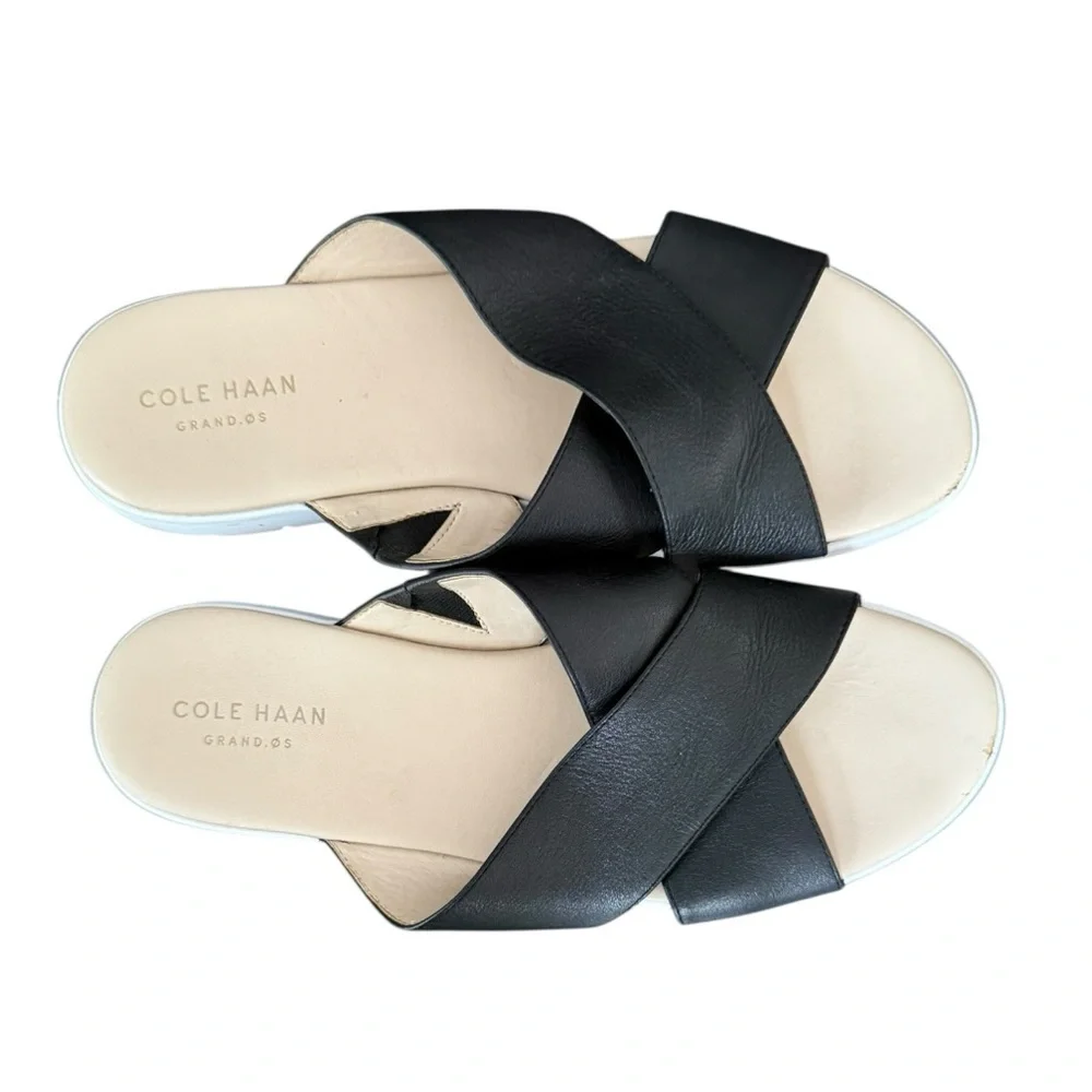 Cole Haan Women's Grand.OS Criss Cross Black Leather Slide Sandals 8.5